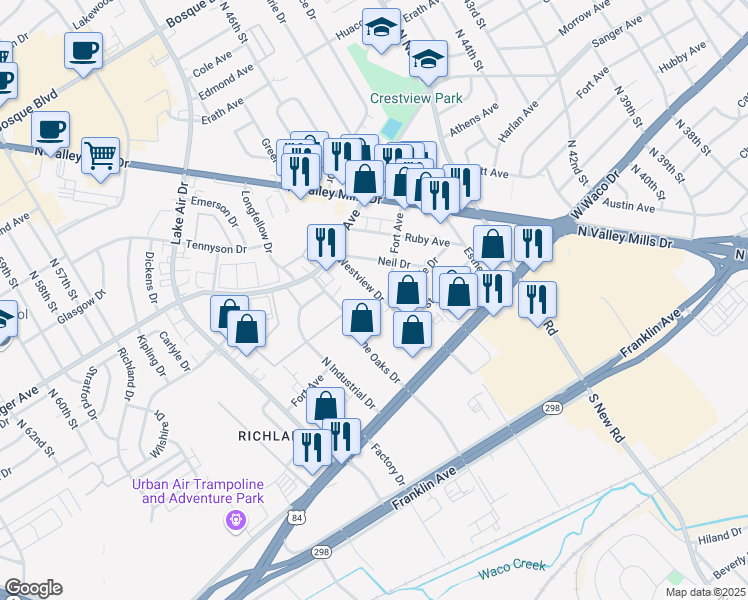 map of restaurants, bars, coffee shops, grocery stores, and more near 525 Towne Oaks Drive in Waco