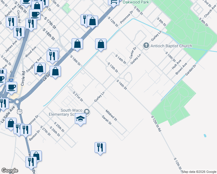 map of restaurants, bars, coffee shops, grocery stores, and more near 1800 Gurley Lane in Waco
