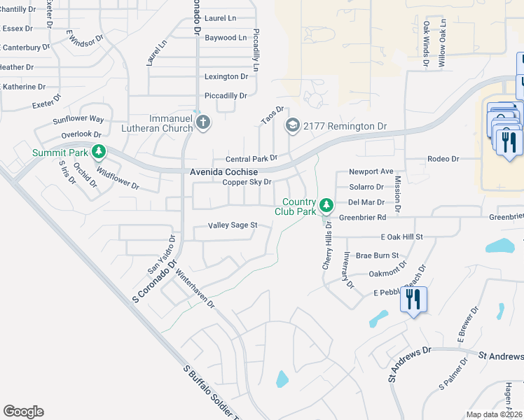 map of restaurants, bars, coffee shops, grocery stores, and more near 2411 Willow Bark Lane in Sierra Vista