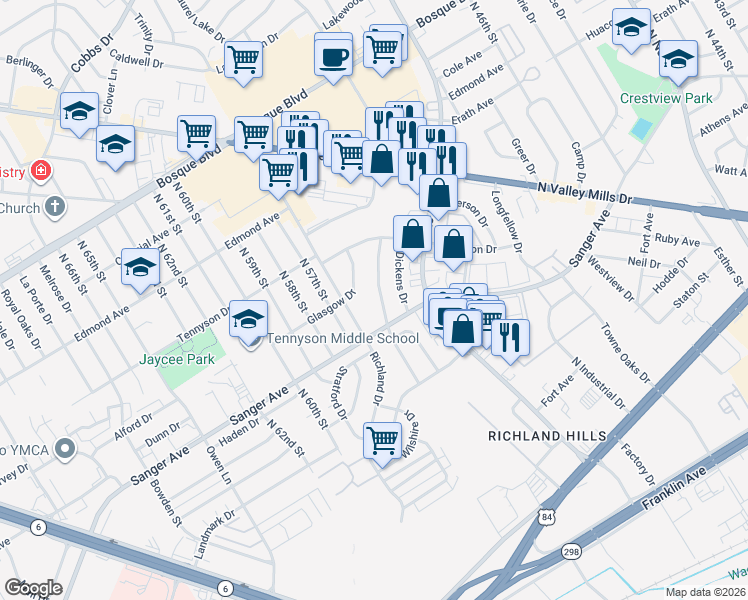 map of restaurants, bars, coffee shops, grocery stores, and more near 5515 Sanger Avenue in Waco