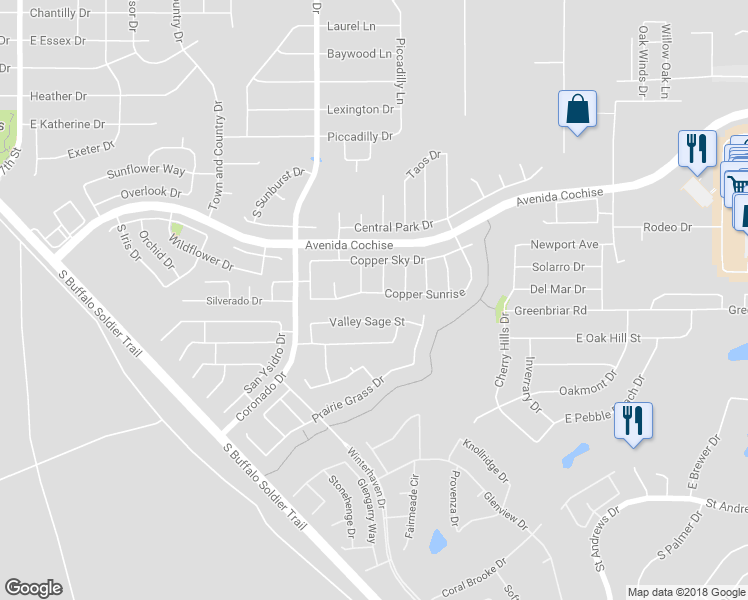 map of restaurants, bars, coffee shops, grocery stores, and more near 2220 Copper Sunrise in Sierra Vista
