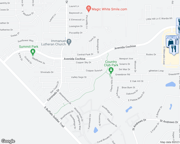 map of restaurants, bars, coffee shops, grocery stores, and more near 2411 Willow Bark Lane in Sierra Vista
