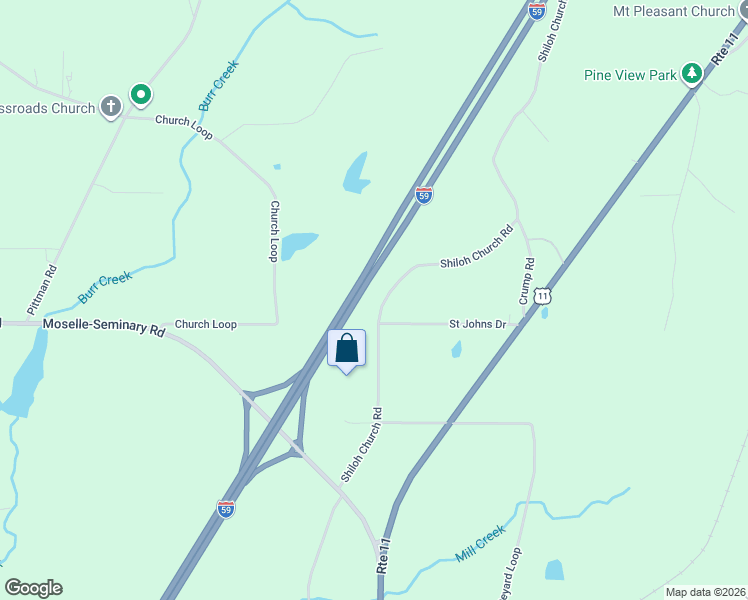 map of restaurants, bars, coffee shops, grocery stores, and more near Interstate 59 in Moselle
