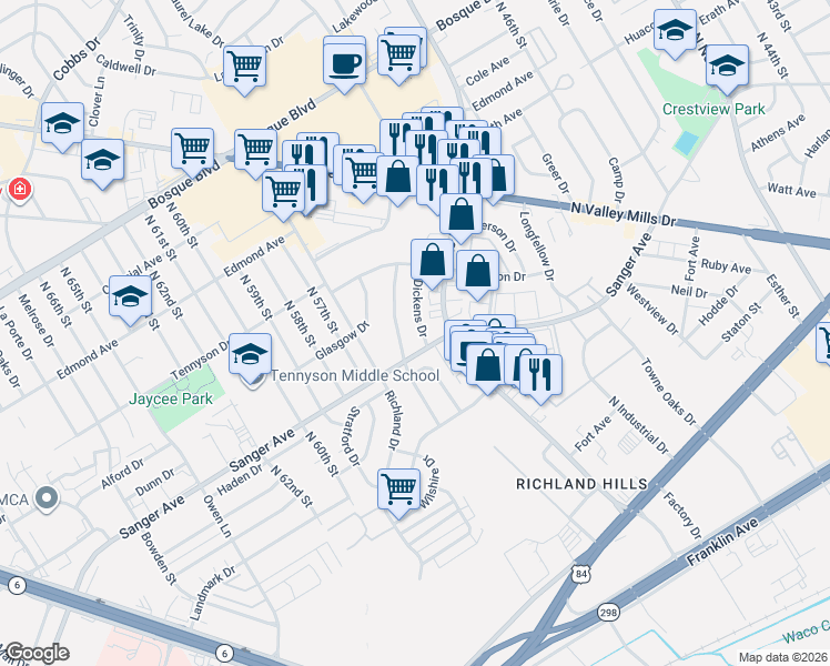 map of restaurants, bars, coffee shops, grocery stores, and more near 700 Dickens Drive in Waco