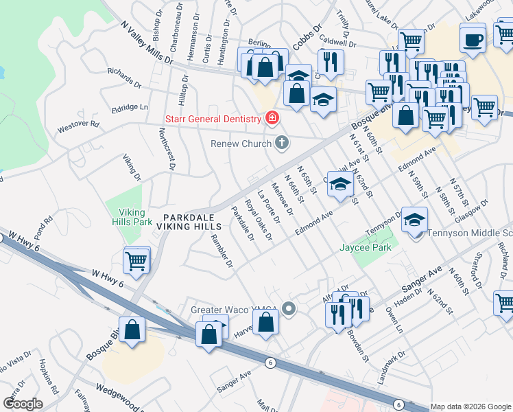 map of restaurants, bars, coffee shops, grocery stores, and more near 1306 Royal Oaks Drive in Waco