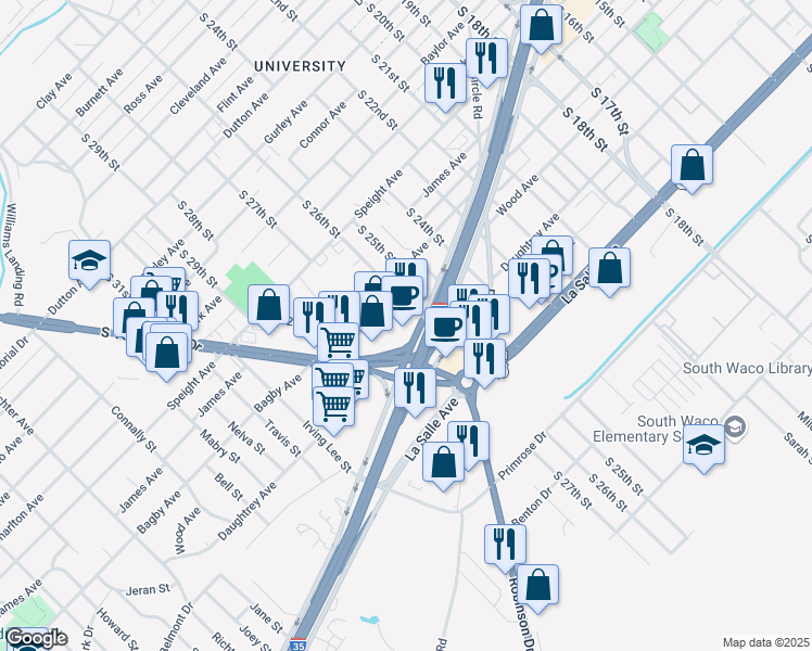 map of restaurants, bars, coffee shops, grocery stores, and more near 2609 Jack Kultgen Freeway in Waco