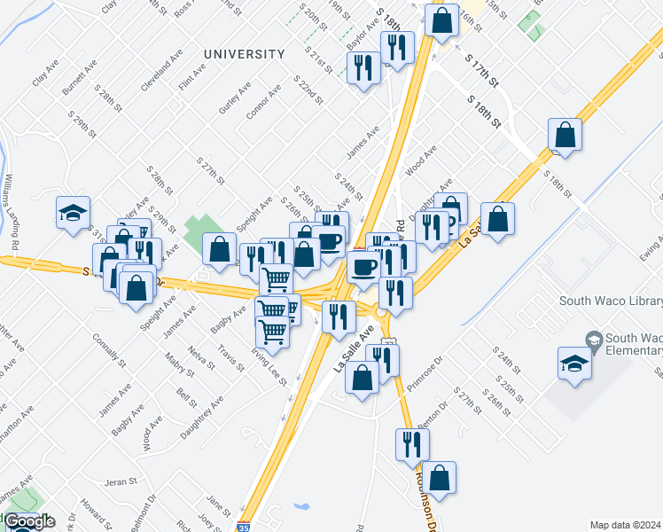 map of restaurants, bars, coffee shops, grocery stores, and more near 2609 Jack Kultgen Freeway in Waco