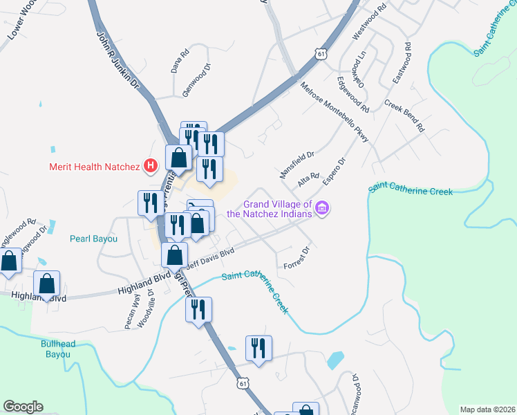 map of restaurants, bars, coffee shops, grocery stores, and more near 17 Sun Court in Natchez