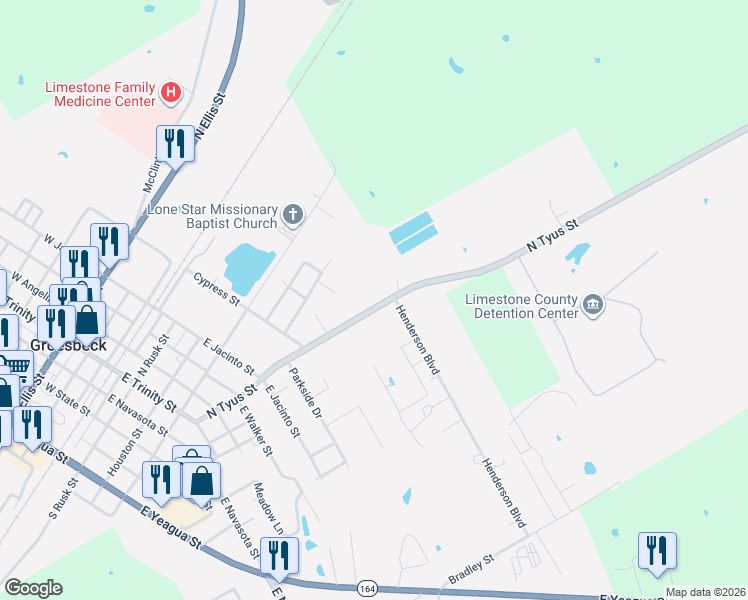 map of restaurants, bars, coffee shops, grocery stores, and more near North Tyus Street in Groesbeck