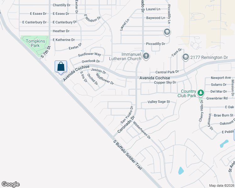 map of restaurants, bars, coffee shops, grocery stores, and more near 1740 Silverado Drive in Sierra Vista