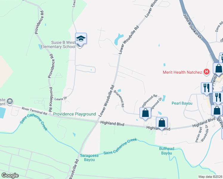 map of restaurants, bars, coffee shops, grocery stores, and more near 100 Briarwood Road in Natchez