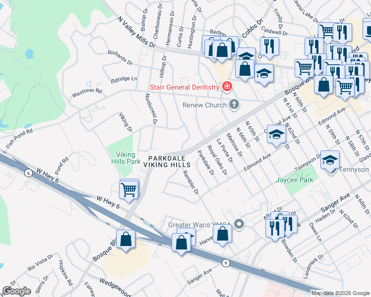 map of restaurants, bars, coffee shops, grocery stores, and more near 1300 Rambler Drive in Waco