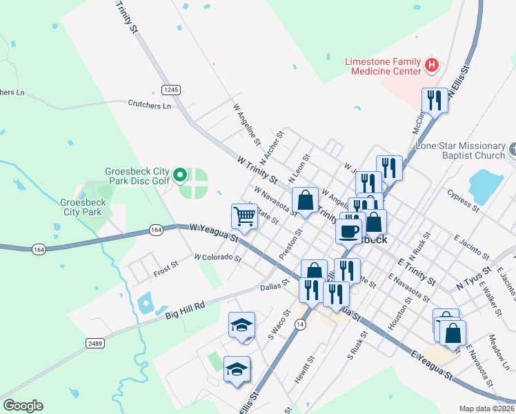 map of restaurants, bars, coffee shops, grocery stores, and more near 209 South Leon Street in Groesbeck
