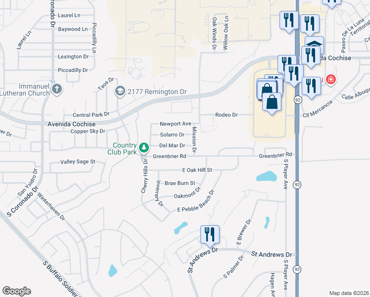 map of restaurants, bars, coffee shops, grocery stores, and more near 3128 Del Mar Drive in Sierra Vista