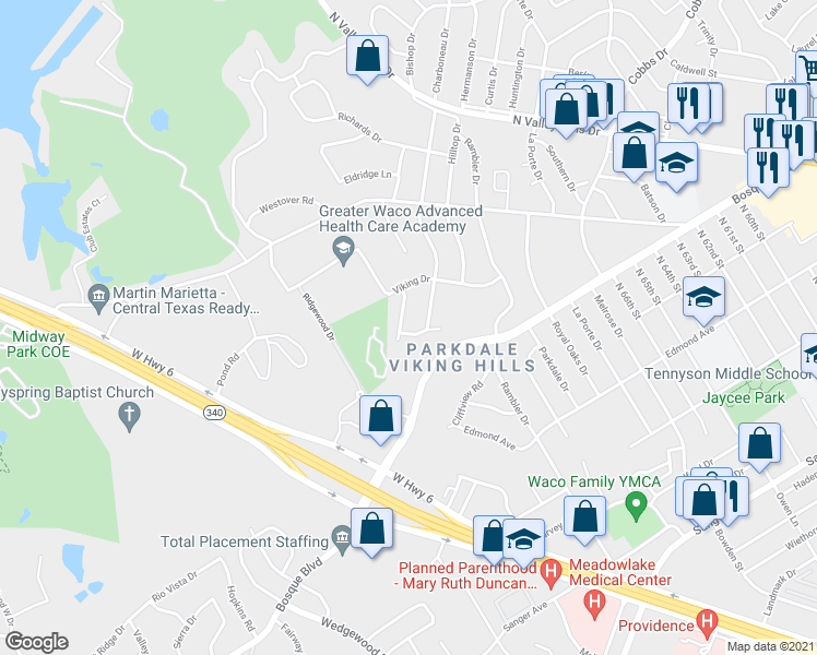map of restaurants, bars, coffee shops, grocery stores, and more near 1501 Valeska Drive in Waco