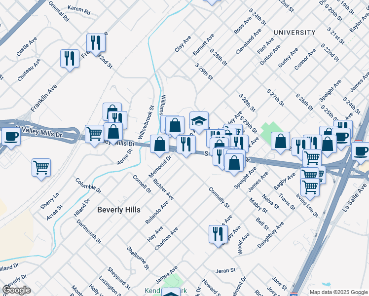 map of restaurants, bars, coffee shops, grocery stores, and more near 1110 South Valley Mills Drive in Beverly Hills