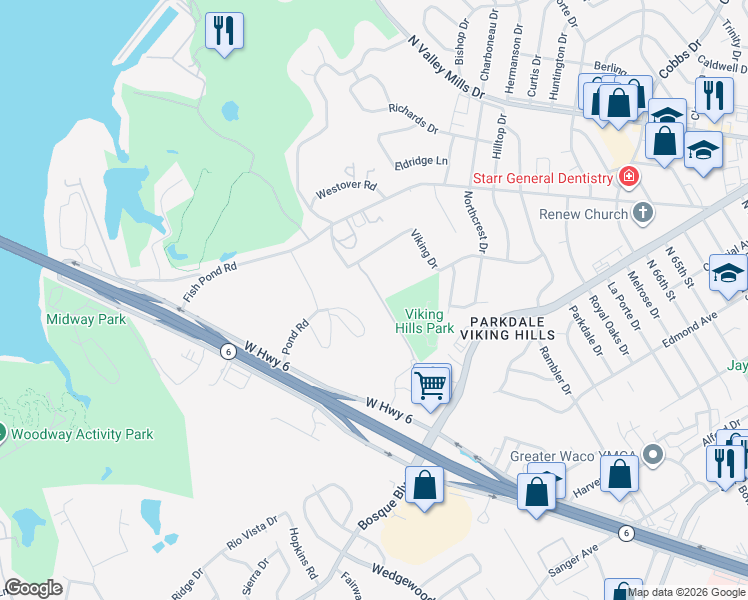 map of restaurants, bars, coffee shops, grocery stores, and more near 1520 Ridgewood Drive in Waco