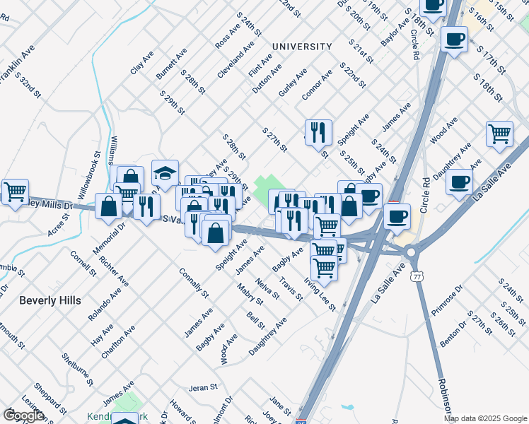 map of restaurants, bars, coffee shops, grocery stores, and more near 2969-2999 Speight Ave in Beverly Hills