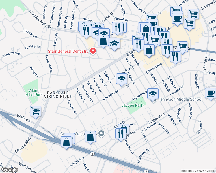 map of restaurants, bars, coffee shops, grocery stores, and more near 1118 North 66th Street in Waco