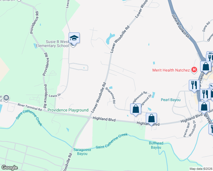 map of restaurants, bars, coffee shops, grocery stores, and more near 100-108 Briarwood Road in Natchez