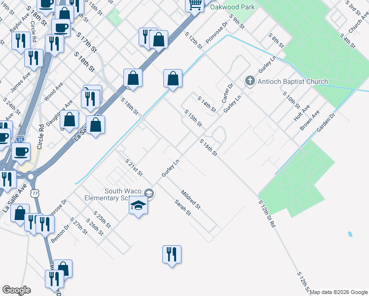 map of restaurants, bars, coffee shops, grocery stores, and more near 1800 Gurley Lane in Waco
