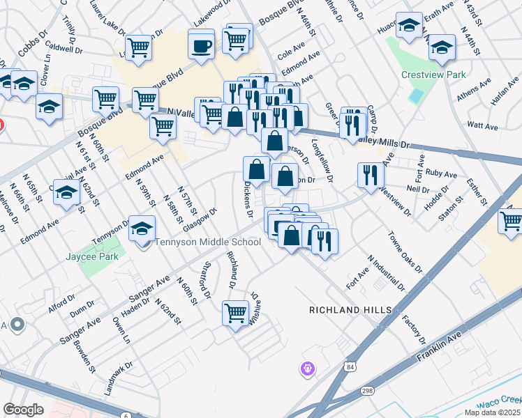 map of restaurants, bars, coffee shops, grocery stores, and more near 5300 Sanger Avenue in Waco