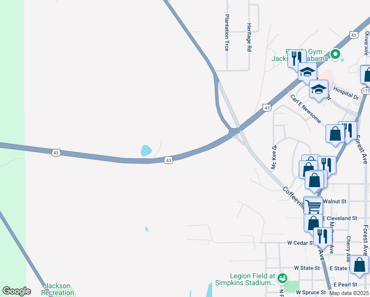 map of restaurants, bars, coffee shops, grocery stores, and more near 2167 U.S. 43 in Jackson
