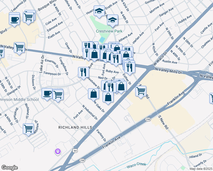 map of restaurants, bars, coffee shops, grocery stores, and more near 4716 Fort Avenue in Waco
