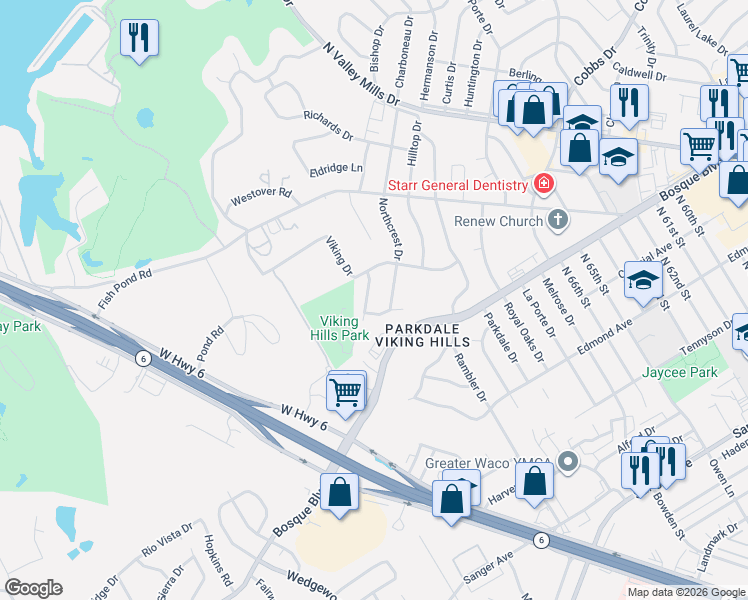 map of restaurants, bars, coffee shops, grocery stores, and more near 1525 Valeska Drive in Waco