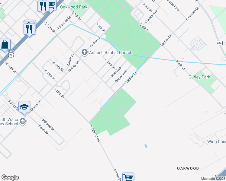 map of restaurants, bars, coffee shops, grocery stores, and more near 3200 South 12th Street in Waco