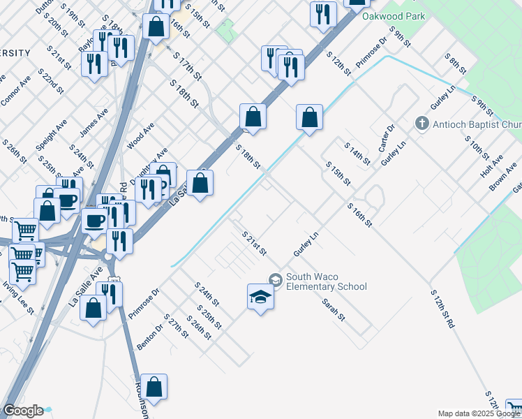 map of restaurants, bars, coffee shops, grocery stores, and more near 1900 Primrose Drive in Waco