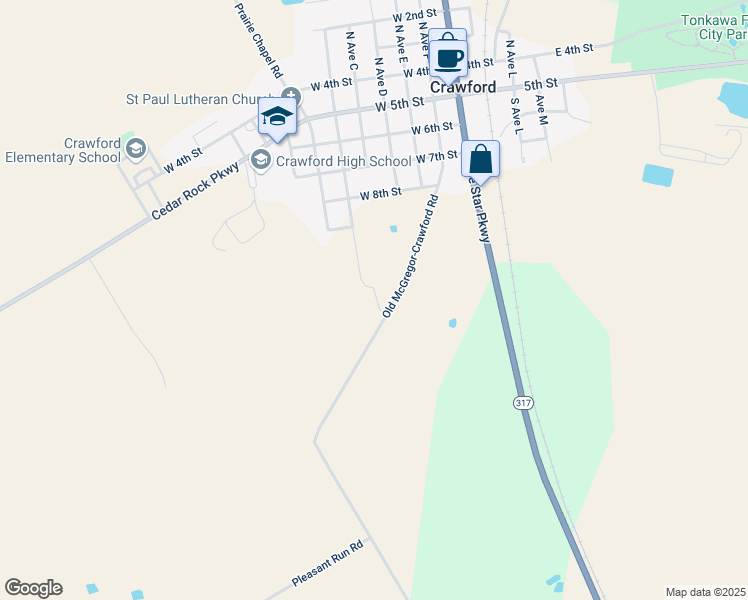 map of restaurants, bars, coffee shops, grocery stores, and more near 6987 Old McGregor-Crawford Road in Crawford