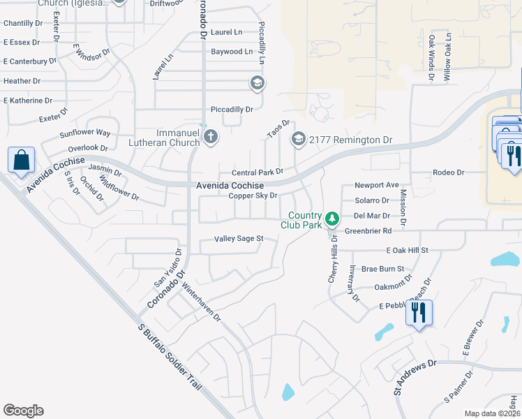 map of restaurants, bars, coffee shops, grocery stores, and more near 2335 Copperwood Drive in Sierra Vista