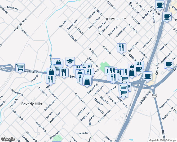 map of restaurants, bars, coffee shops, grocery stores, and more near 1300 South 30th Street in Waco