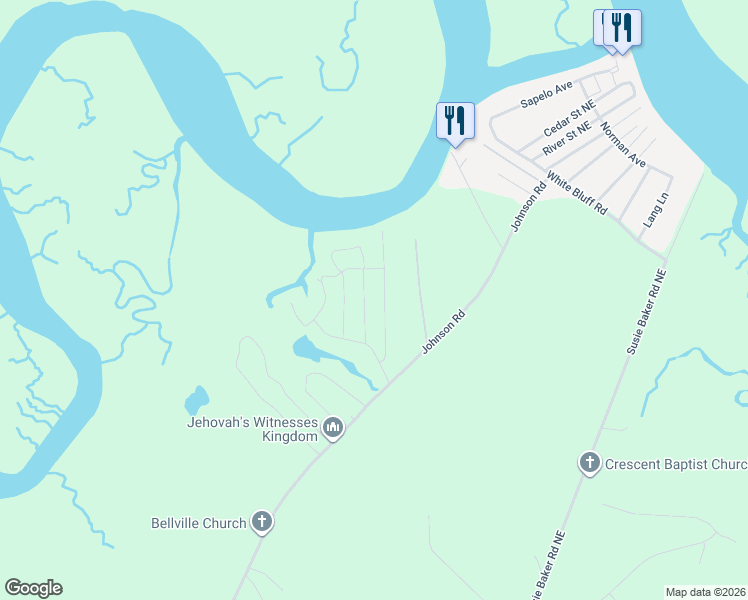 map of restaurants, bars, coffee shops, grocery stores, and more near 1132 Thompson Street in Shellman Bluff