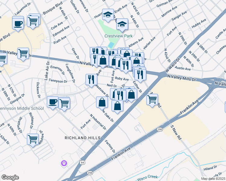 map of restaurants, bars, coffee shops, grocery stores, and more near 4716 Fort Avenue in Waco