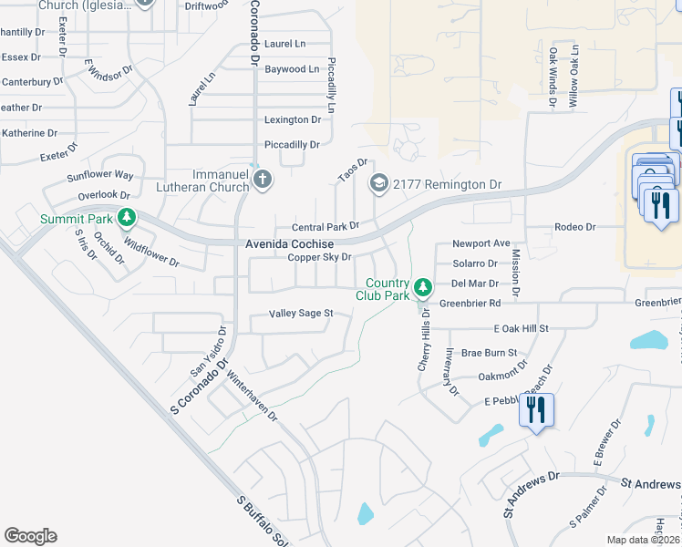 map of restaurants, bars, coffee shops, grocery stores, and more near 2345 Espiriti Drive in Sierra Vista