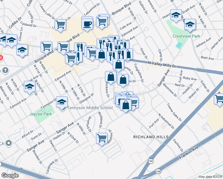 map of restaurants, bars, coffee shops, grocery stores, and more near 801 Dickens Drive in Waco