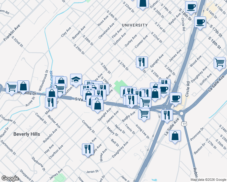 map of restaurants, bars, coffee shops, grocery stores, and more near 1501 South 29th Street in Waco