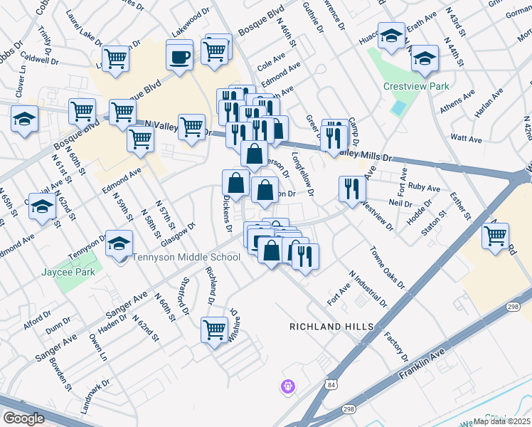 map of restaurants, bars, coffee shops, grocery stores, and more near 871 Jeffrey Street in Waco