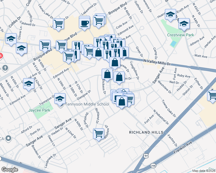 map of restaurants, bars, coffee shops, grocery stores, and more near 801 Dickens Drive in Waco