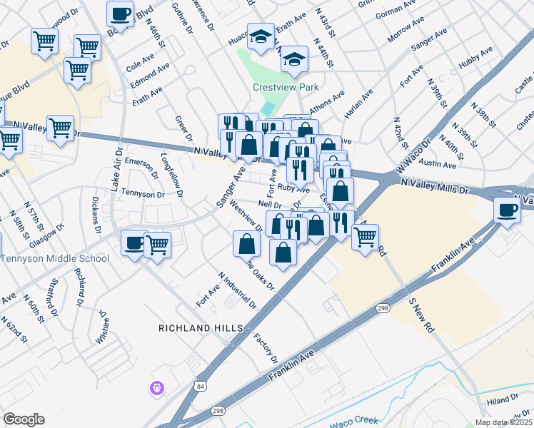 map of restaurants, bars, coffee shops, grocery stores, and more near 4716 Fort Avenue in Waco