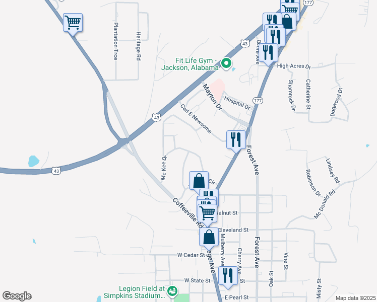 map of restaurants, bars, coffee shops, grocery stores, and more near 1498 Mckee Dr in Jackson