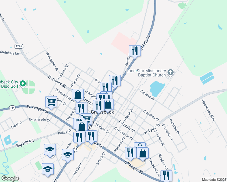 map of restaurants, bars, coffee shops, grocery stores, and more near Farm to Market 1245 in Groesbeck