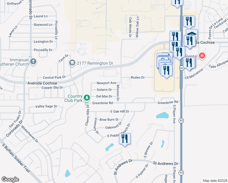 map of restaurants, bars, coffee shops, grocery stores, and more near 3174 Solarro Drive in Sierra Vista