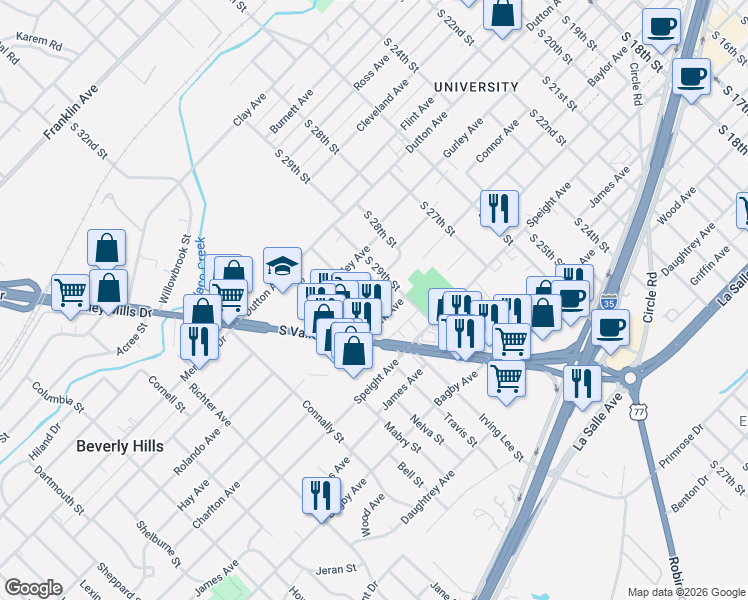 map of restaurants, bars, coffee shops, grocery stores, and more near 1300 South 30th Street in Waco