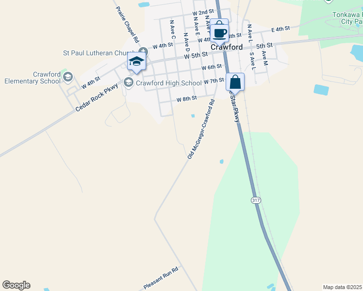 map of restaurants, bars, coffee shops, grocery stores, and more near 6987 Old McGregor-Crawford Road in Crawford