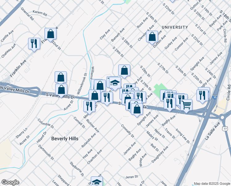 map of restaurants, bars, coffee shops, grocery stores, and more near 1110 South Valley Mills Drive in Beverly Hills