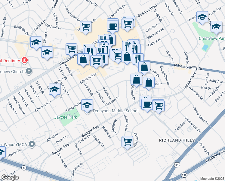 map of restaurants, bars, coffee shops, grocery stores, and more near 815 Richland Drive in Waco