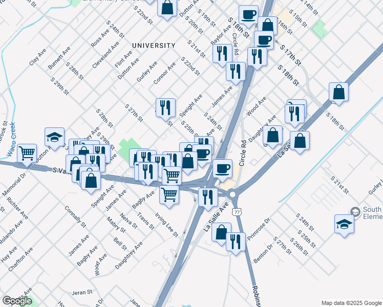 map of restaurants, bars, coffee shops, grocery stores, and more near 2600 Bagby Avenue in Waco